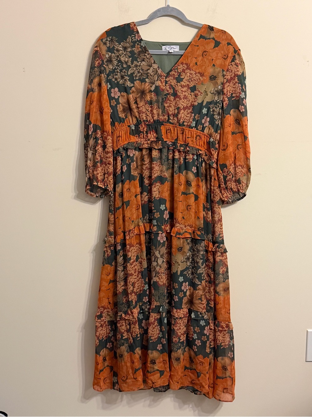 Polagram NWT Fall Floral Tiered Midi Maxi Dress V Neck Balloon Sleeve - Picture 3 of 5